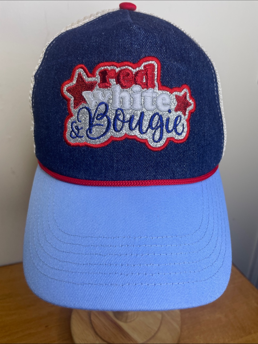 Women’s Blue Denim & Light Blue Trucker Hat with Red Trim